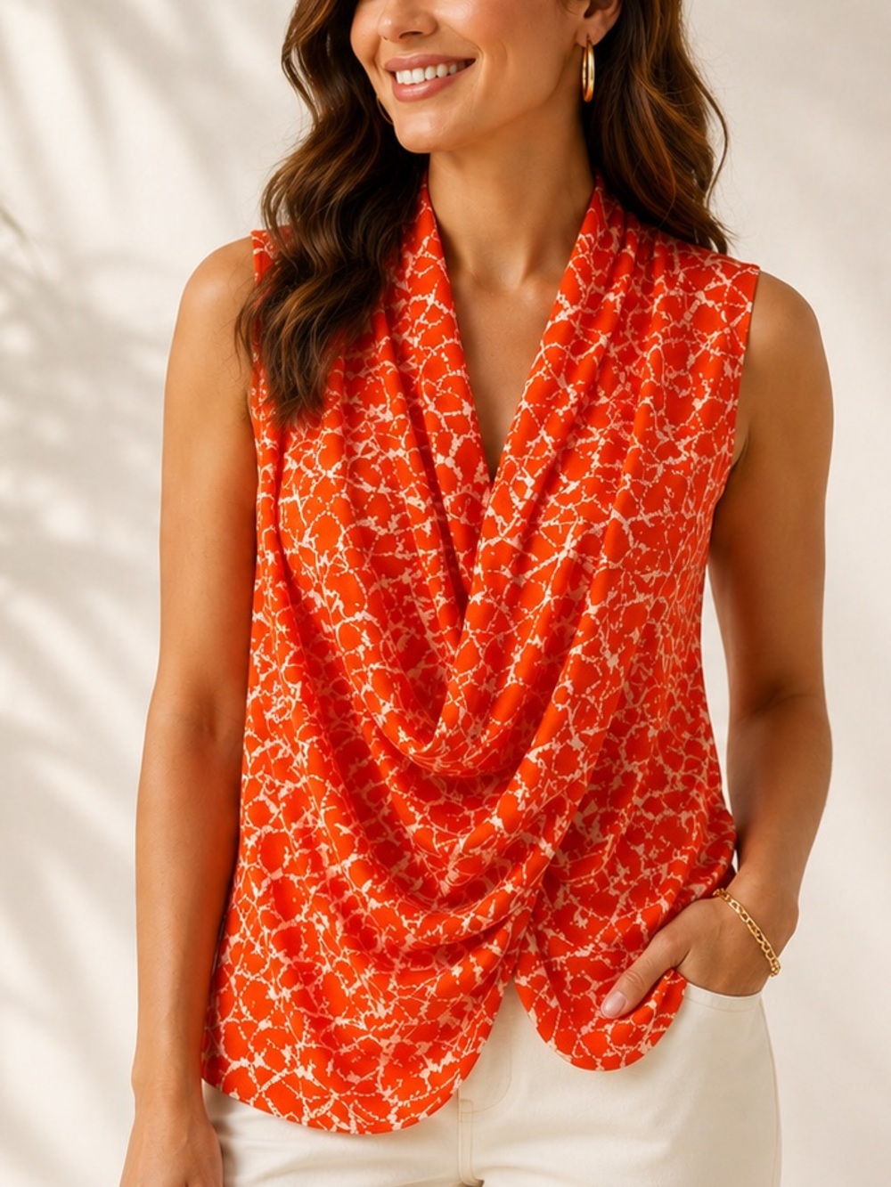 NWT CHAUS New York Women's Orange Leaf Print Faux Wrap Sleeveless Top Size L